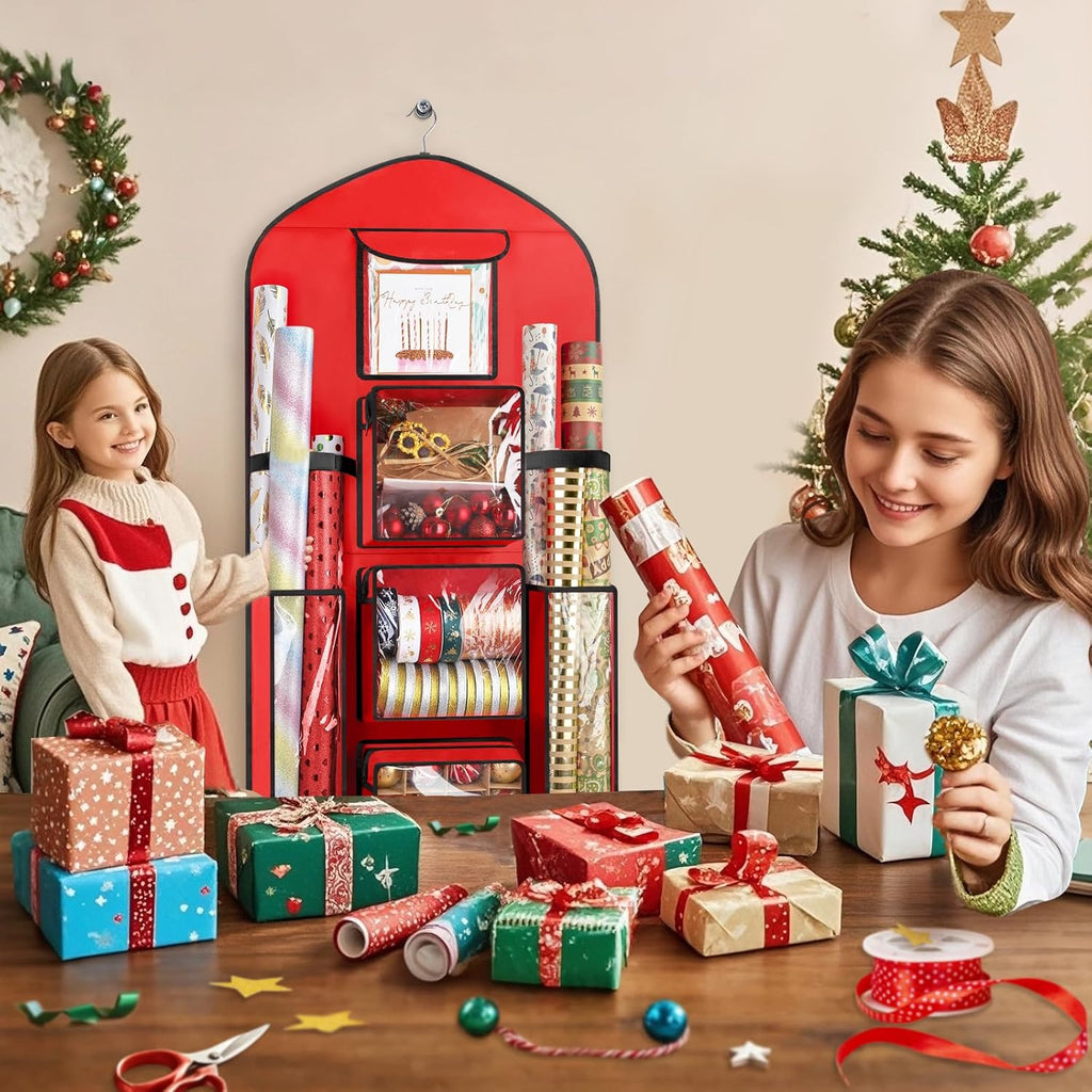 Woodoulogy Extra Large Gift Wrapping Paper Storage - 48x24 Red Double-Sided Christmas Organizer | Oxford Craft Roll Holder