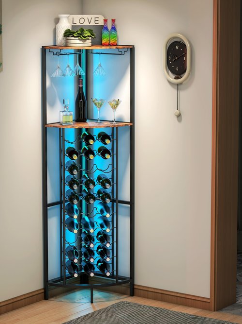 Qriocioa Corner Wine Rack with Led Strip Light Freestanding Floor with Wine Glass Holder 30 Bottle Wine Holder Rack Industrial Corner Liquor Cabinet Bar for Home Bar Kitchen Living Room (Rustic Brown)
