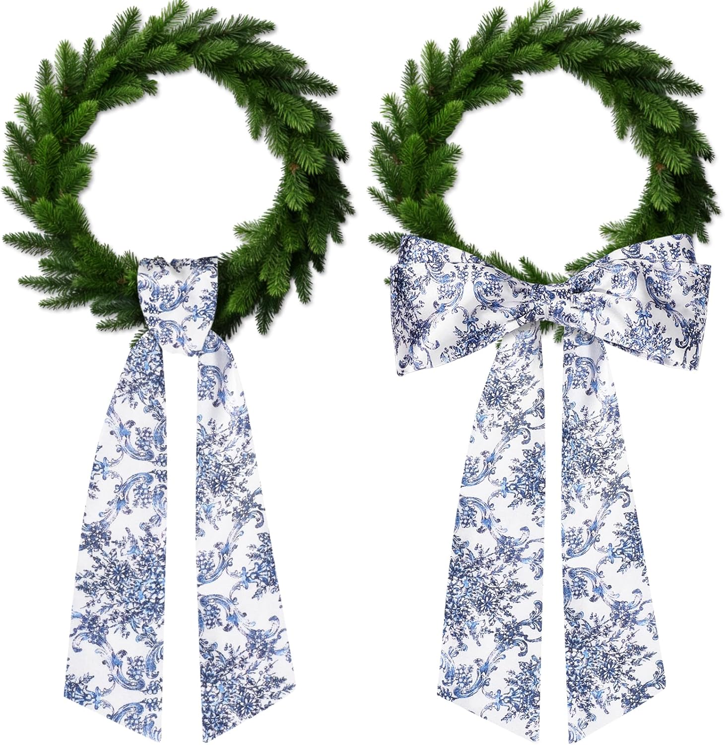 Skiennix Chinoiserie Monogram Satin Wreath - Elegant Blue & White Floral Door Decor | 2-Piece Set