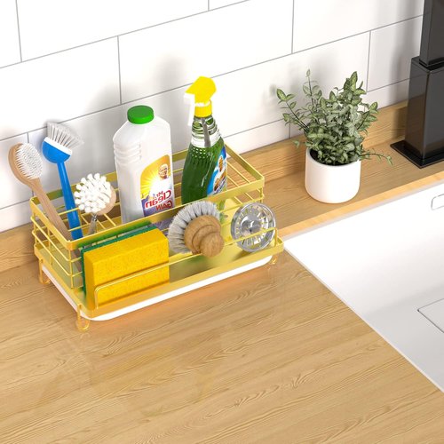 Cisily Kitchen Sink Caddy - Gold Stain-Resistant Tray with 4 Storage Spaces | 5.3" Wide, 9.49" Long