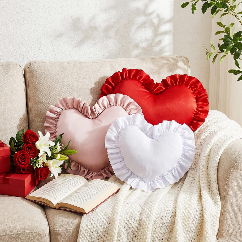 Tingjoo Heart Shaped Throw Pillow Set of 3, Ruffle Valentine's Day Pillows for Couch Sofa Bed, Red Pink White Love Decorative Plush Cushions, Cute Romantic Anniversary Home Decor, Gift for Her
