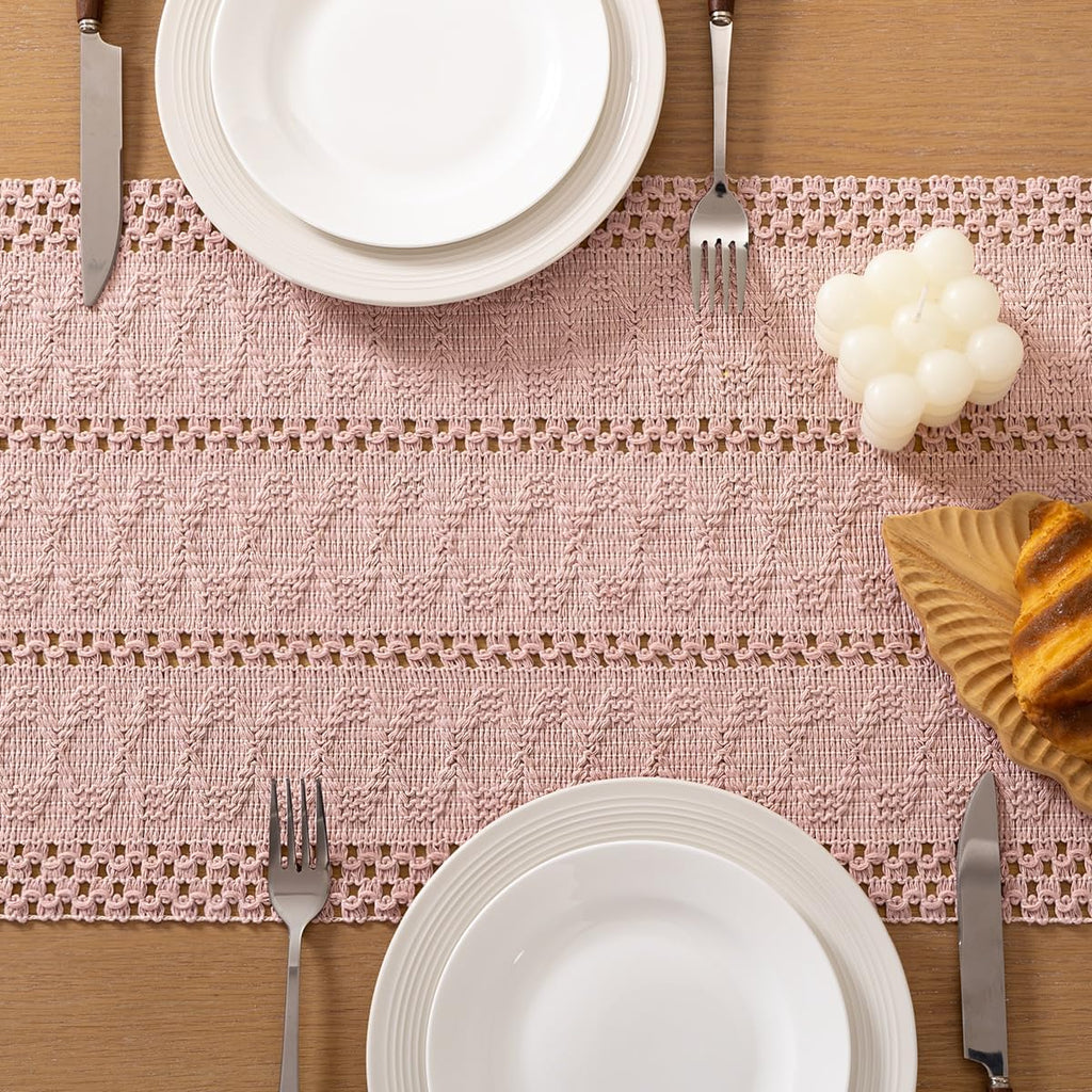 Socomi Boho Table Runner - Rustic Macrame Woven Cotton for Spring Decor | 12x36 in Pink