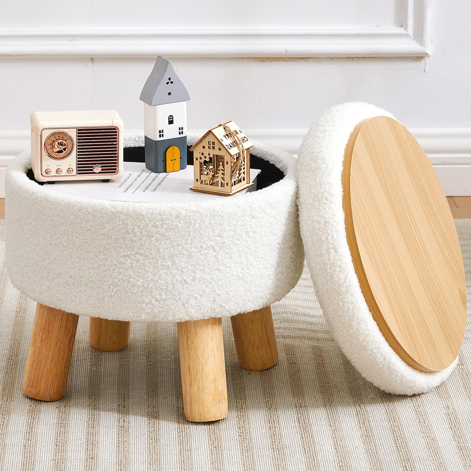 FIMIVIBI Small Ottoman with Storage, Small Storage Ottoman Round, Sherpa Foot Stool with Legs, Ottomans and Footstools for Living Room and Entryway (White)