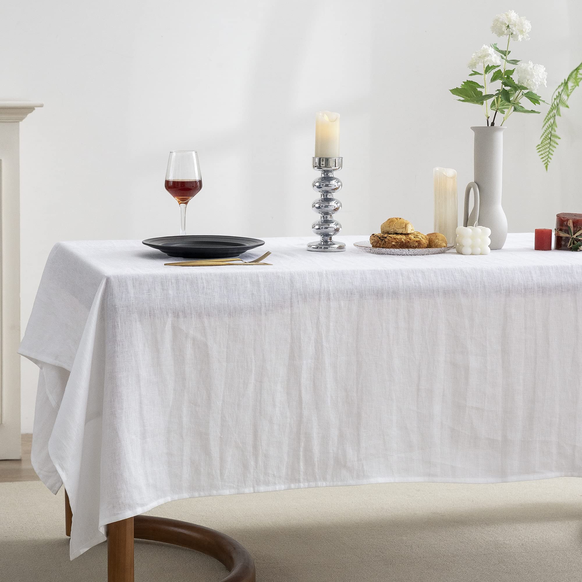 EVERLY 100% Pure Linen Rectangle Tablecloths 60x84Inches for Dining, Buffet Parties, Picnic,Events, Weddings and Restaurants, Decorative Halloween, Thanksgiving Machine Washable Tablecloths-White