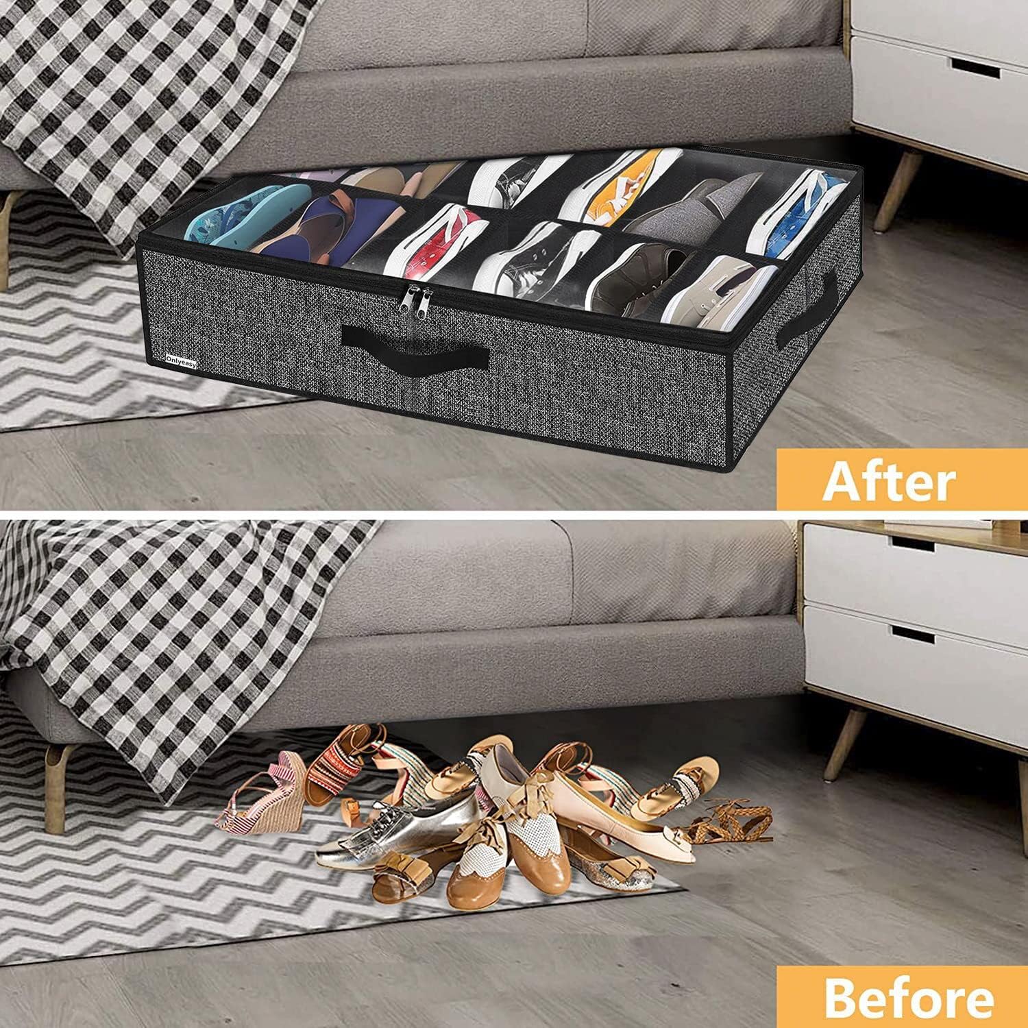 Onlyeasy Under Bed Shoe Storage Organizer - 4 Pack for 12 Pairs | Sturdy, Breathable Black Bags