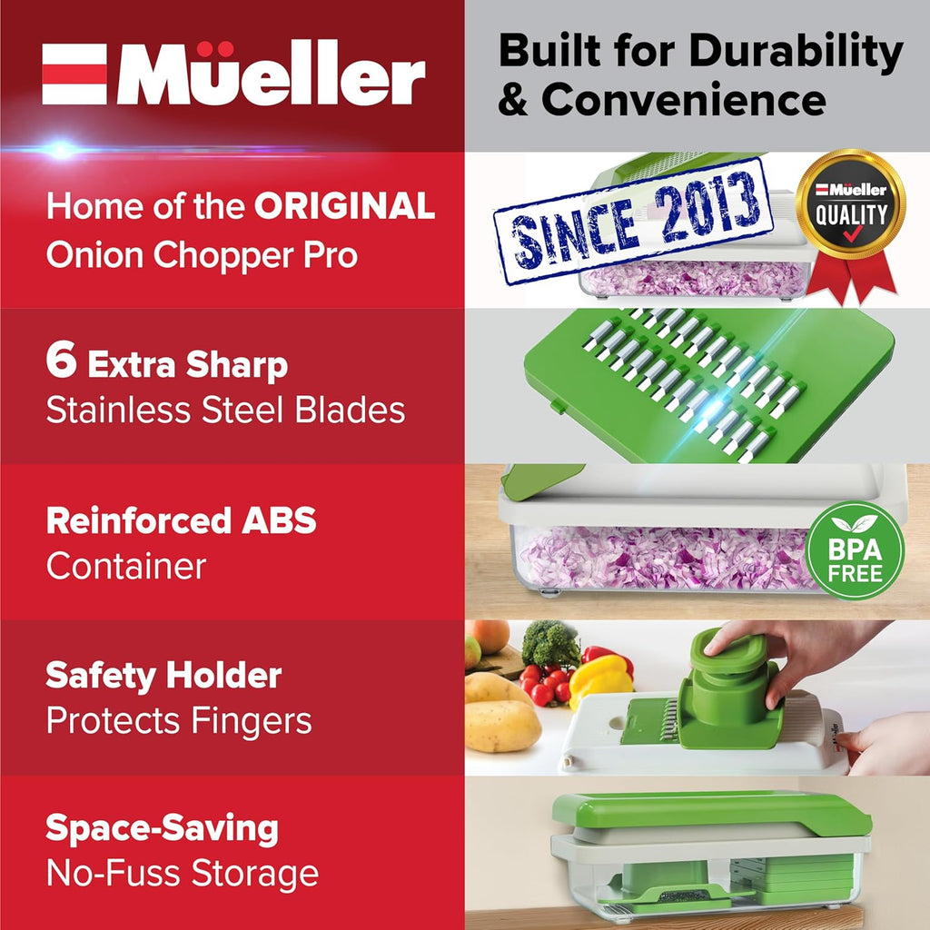 Mueller Vegetable Chopper - Mandoline Slicer & Cheese Grater with Container | White Sand/Green