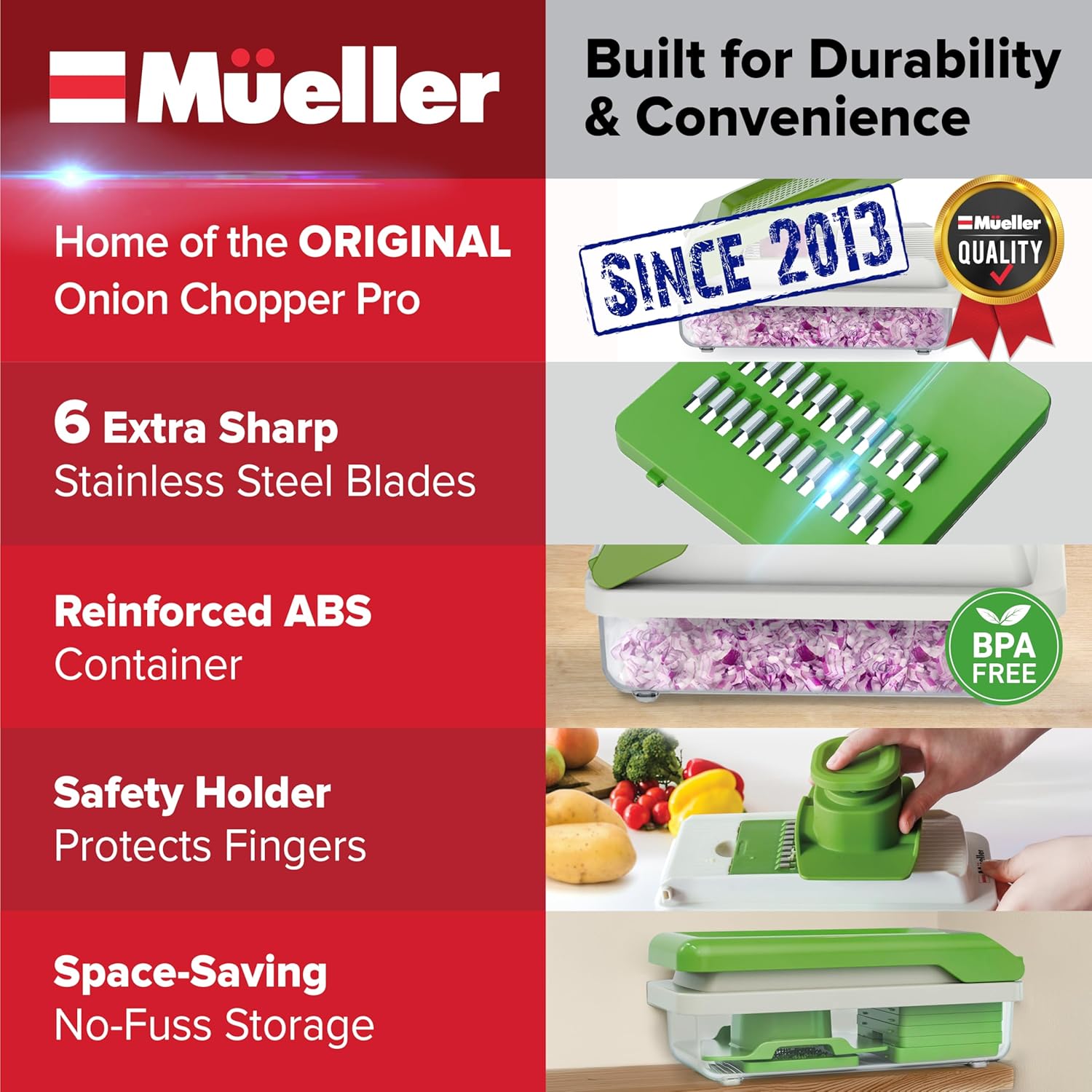 Mueller Vegetable Chopper - Mandoline Slicer & Cheese Grater with Container | White Sand/Green