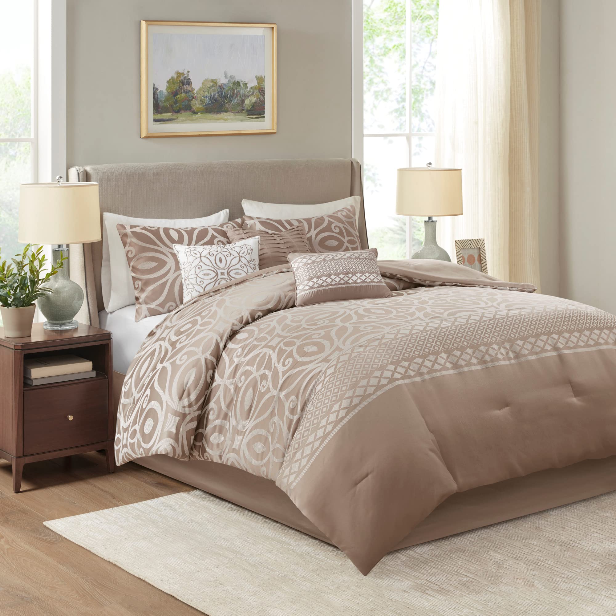Madison Park Carina Cozy Comforter Set Luxe Jacquard Medallion Design with Embroidery and Pleated Details, All Season Bedding with Matching Shams, Decorative Pillow, Queen, Taupe 7 Piece