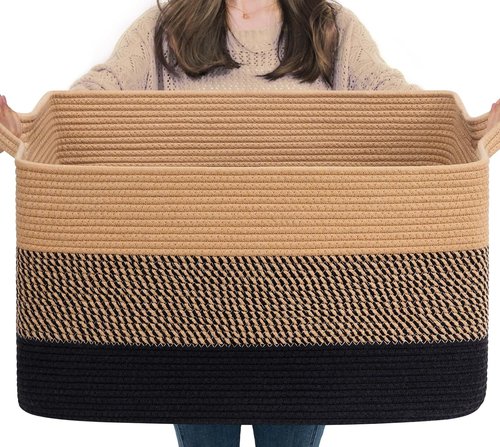 Goodpick Large Wicker Blanket Basket - 22" x 17" x 12" | Decorative Rope Laundry & Toy Storage for Living Room & Bedroom