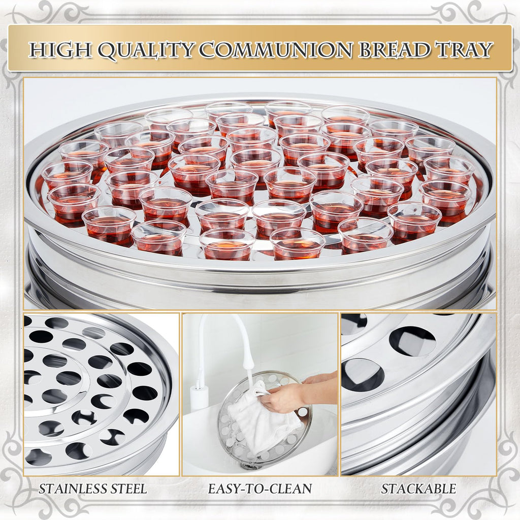 Zhehao 2 Pcs Communion Trays with Disposable Chalices for Church Supplies, Each 40 Holes Communion Supplies Set Stackable Worship Trays for Church Services Weddings & Gatherings (Silver)