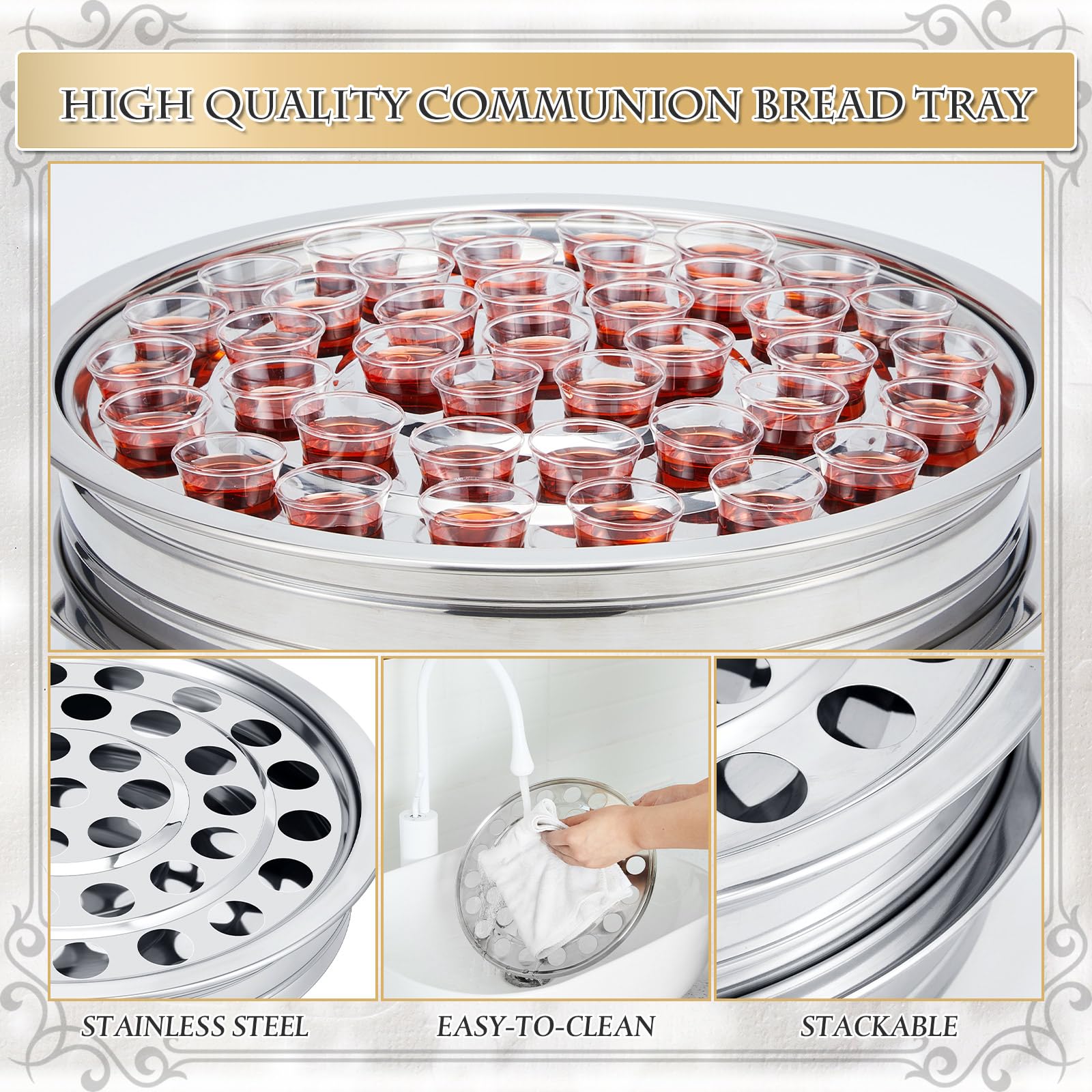 Zhehao 2 Pcs Communion Trays with Disposable Chalices for Church Supplies, Each 40 Holes Communion Supplies Set Stackable Worship Trays for Church Services Weddings & Gatherings (Silver)