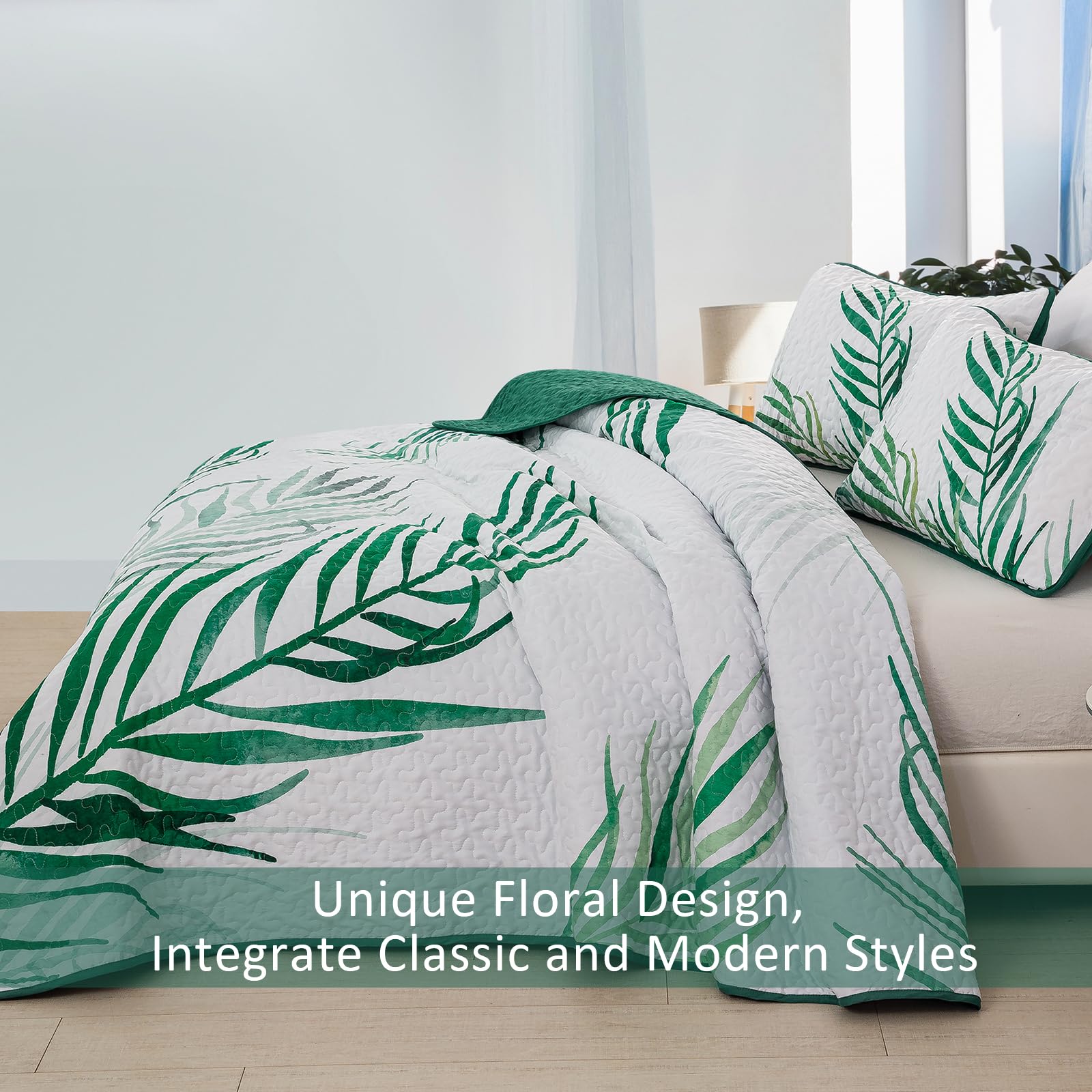 Goodidea Quilts King Size Bedding Set, Sage Green Bedspreads King Size 3 Piece Lightweight Soft Microfiber Reversible Coverlet Floral Quilt Set with Pillow Shams for All Season (King, 104"X90")