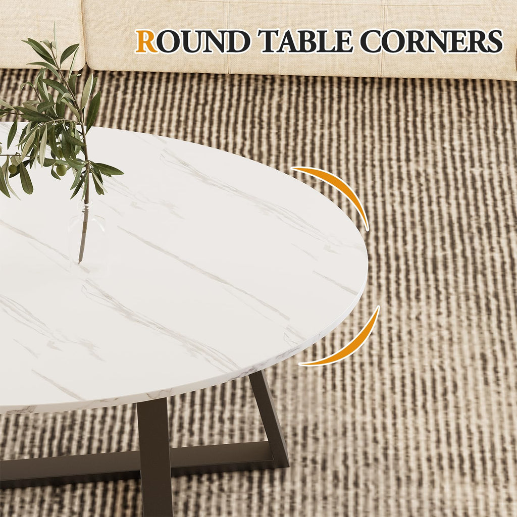 Wolawu Coffee Table Small Oval Table,White Faux Marble Table for Living Room, Modern Center Tea Tables for Small Space,Wooden Tables End Tables with Sturdy Black Metal Leg