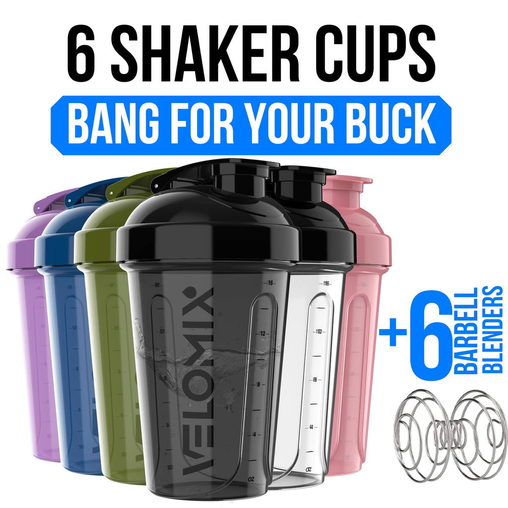 VELOMIX -6 PACK- 20 oz Protein Shaker Bottle for Protein Mixes - 6x Wire Whisk | Leak Proof Shaker Cups for Protein Shakes| Stackable Protein Shaker Bottle Pack | Dishwasher Safe (Muted Contrast)