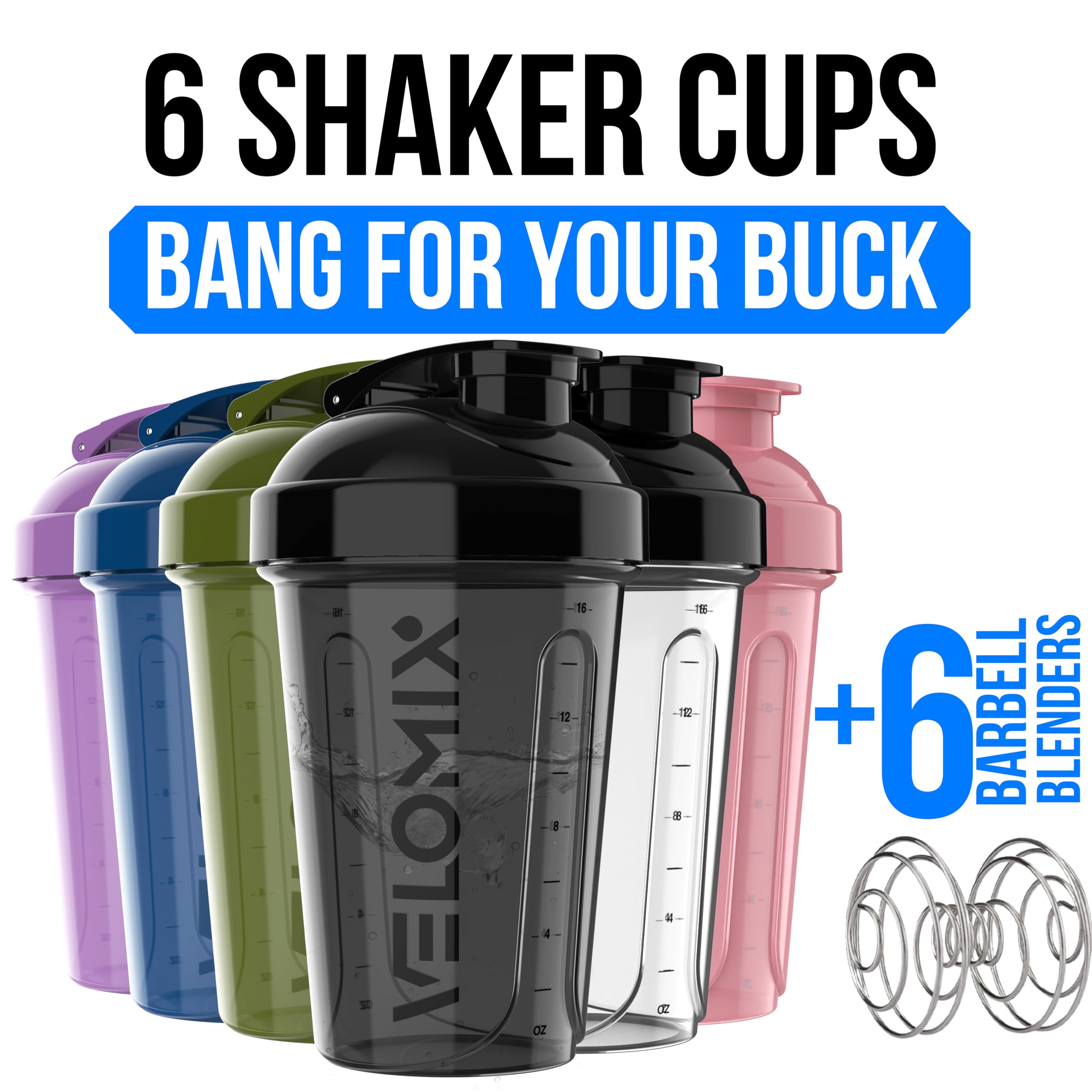 VELOMIX -6 PACK- 20 oz Protein Shaker Bottle for Protein Mixes - 6x Wire Whisk | Leak Proof Shaker Cups for Protein Shakes| Stackable Protein Shaker Bottle Pack | Dishwasher Safe (Muted Contrast)