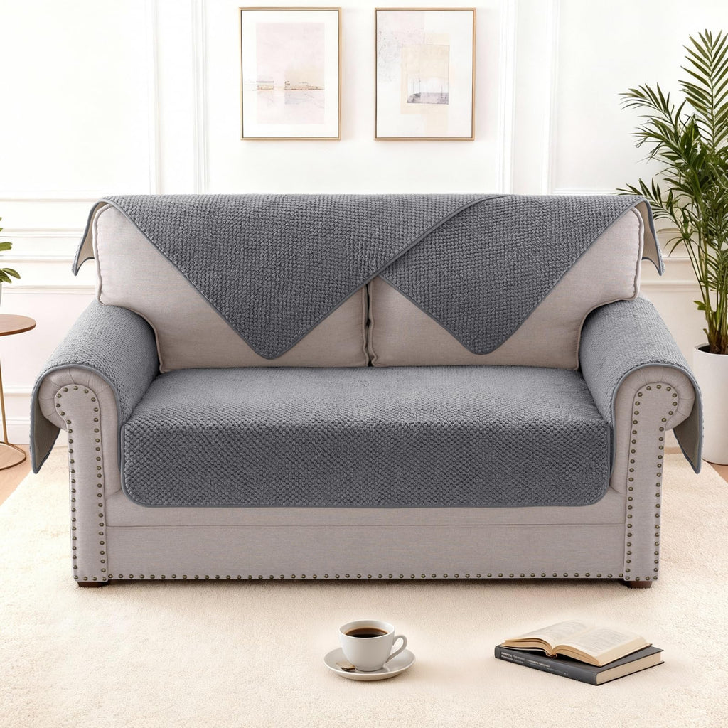 H.VERSAILTEX Waterproof Couch Cover Plush Sofa Cover with Strap Soft Anti Slip Sofa Slipcovers for 2 Cushion Couch Chaise Couch Protector Cover for Dogs Cats Kids,36x60'',Gray