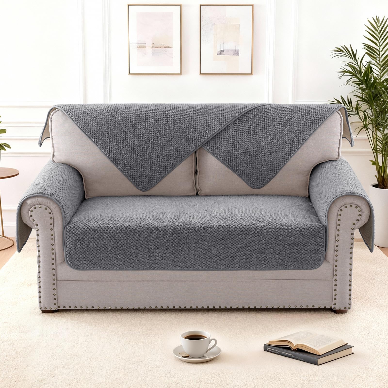 H.VERSAILTEX Waterproof Couch Cover Plush Sofa Cover with Strap Soft Anti Slip Sofa Slipcovers for 2 Cushion Couch Chaise Couch Protector Cover for Dogs Cats Kids,36x60'',Gray
