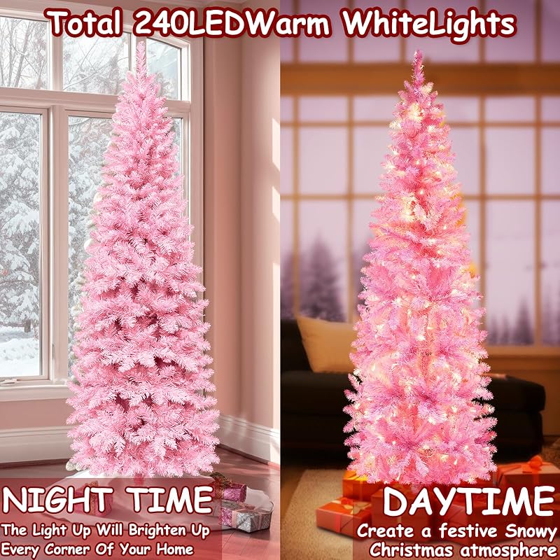 6ft Prelit Pink Artificial Slim Christmas Tree with 240 Warm LED Lights - Variation: Pink