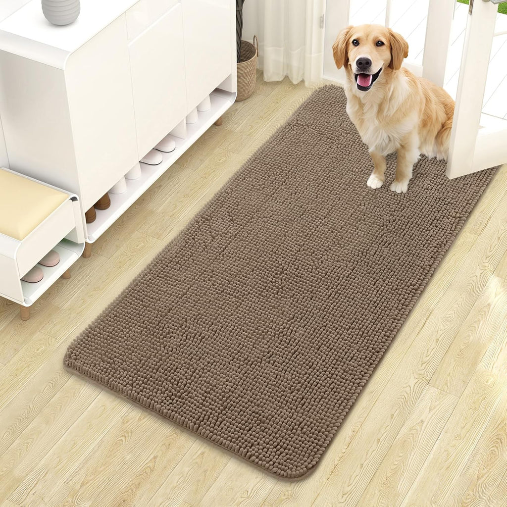 OLANLY Dog Door Mat - Absorbent Non-Slip Chenille for Muddy Paws | 44x24 Tan Indoor Entryway Carpet