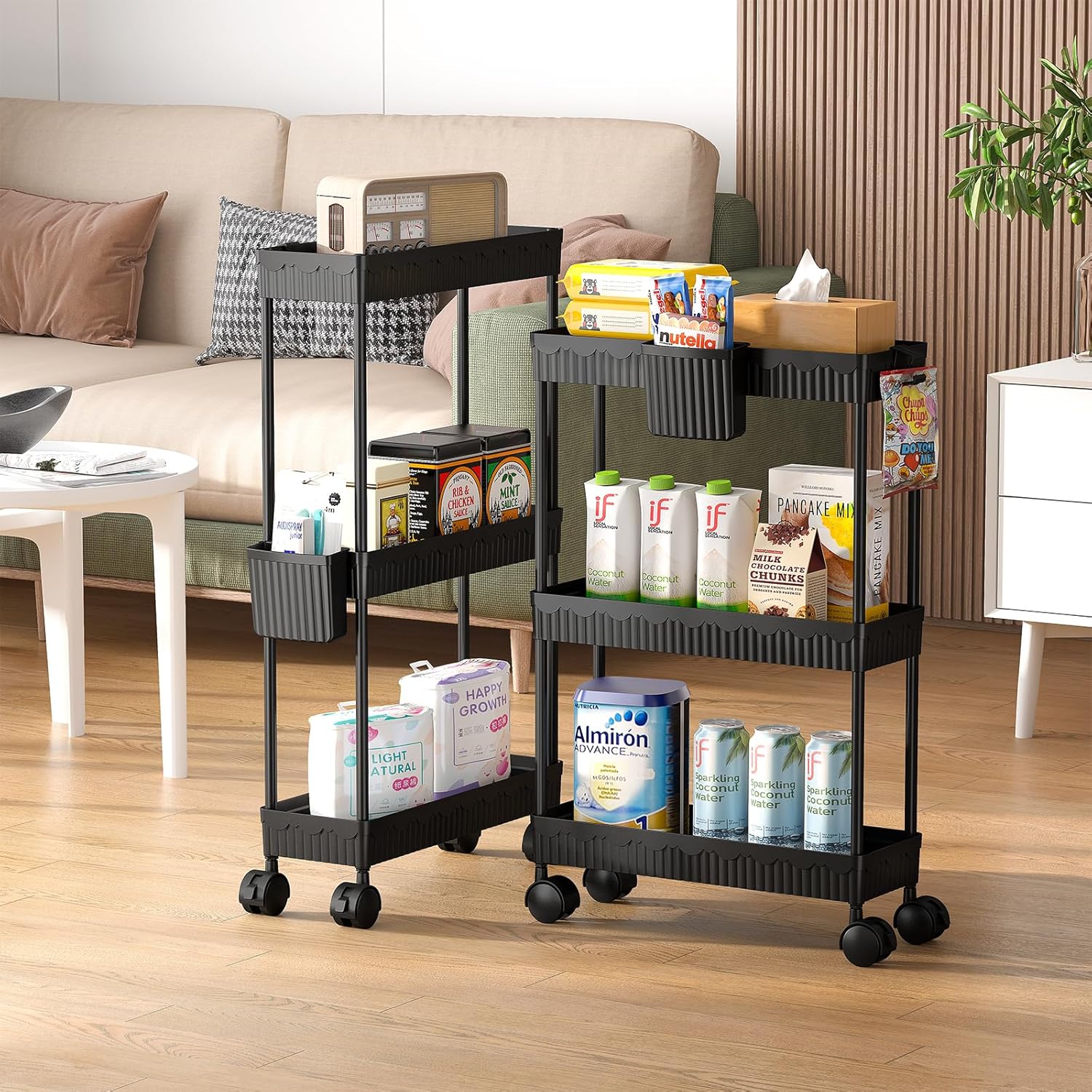 Sevenblue Slim Storage Rolling Cart - 3 Tier Utility Organizer with Wheels for Kitchen & Bathroom (Black)