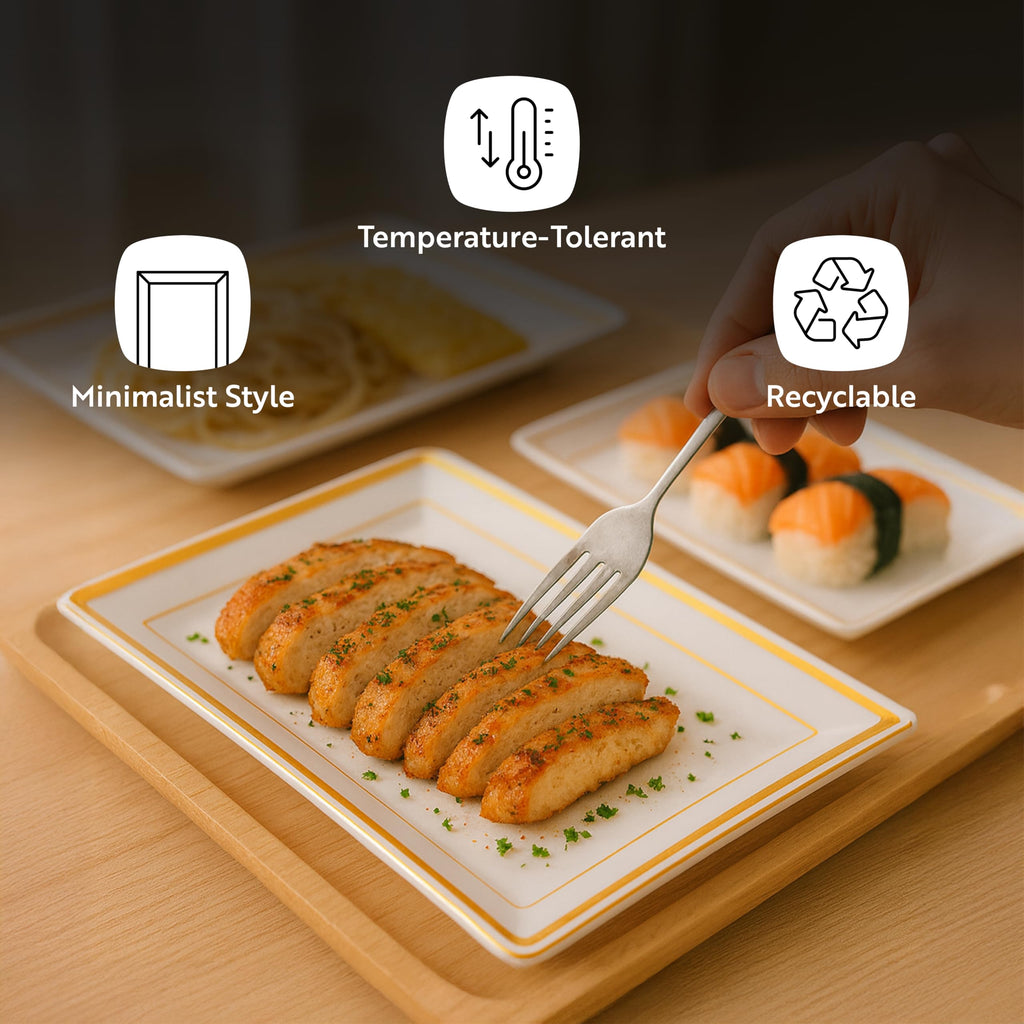 Restaurantware Moderna 9.5 x 6.3 Inch Premium Disposable Plates 100 Rectangular Plastic Plates For Parties - Gold-Rimmed Durable White Plastic Dinner Plates For Warm And Cold Foods