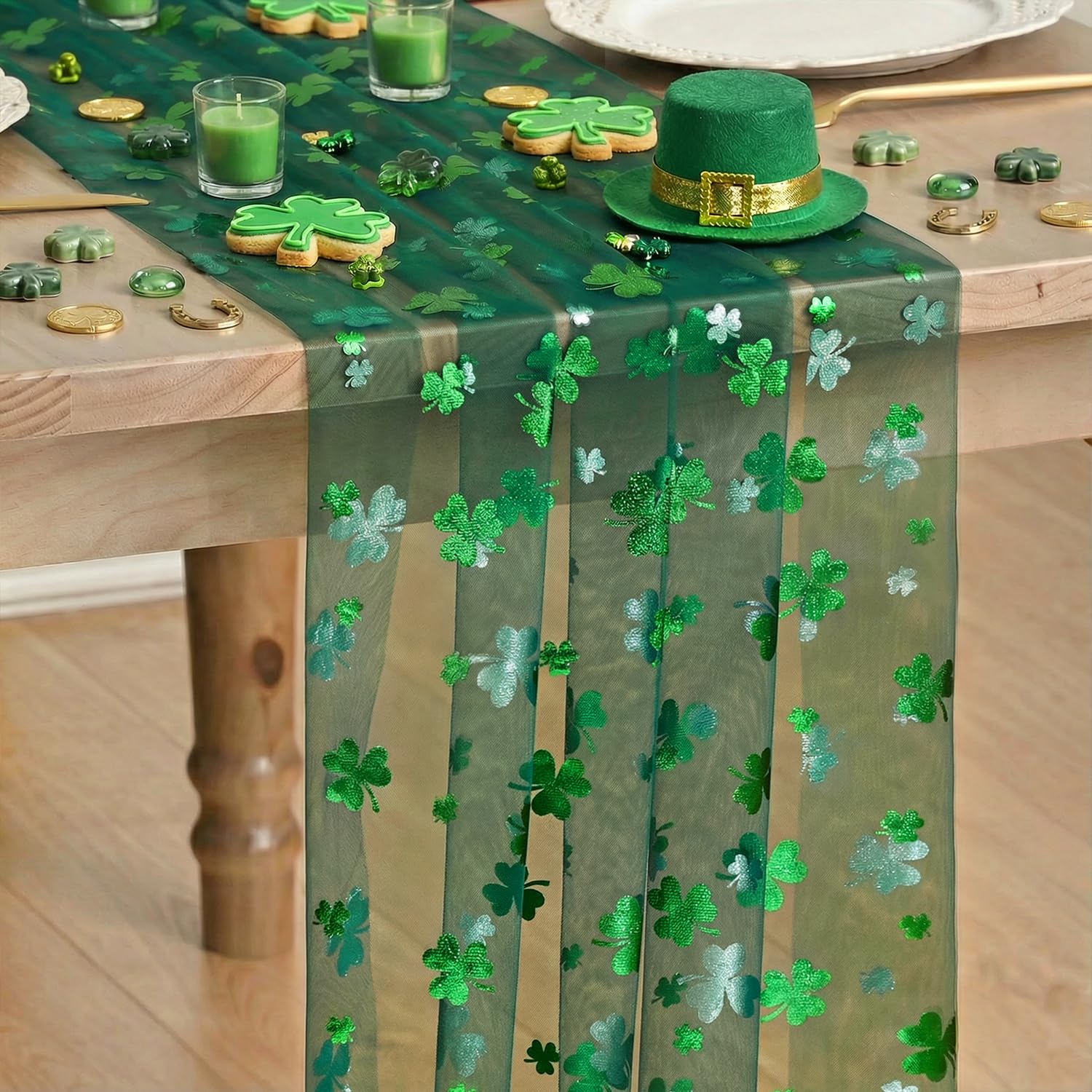 Artoid Mode Green Gauze Shamrocks St.Patrick's Day Table Runner 120 Inch 10FT,Seasonal Sheer Dining Holiday Baby Shower Table Decor for Home Party