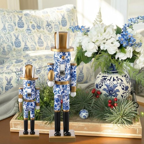 Weysat 2 Pcs Easter Nutcracker Figure Blue and White Bunny Wooden Nutcracker Figure Chinoiserie Easte Ornament for Festival Party Gift Shelf Table Desktop Fireplace Decor 10inch, 15inch