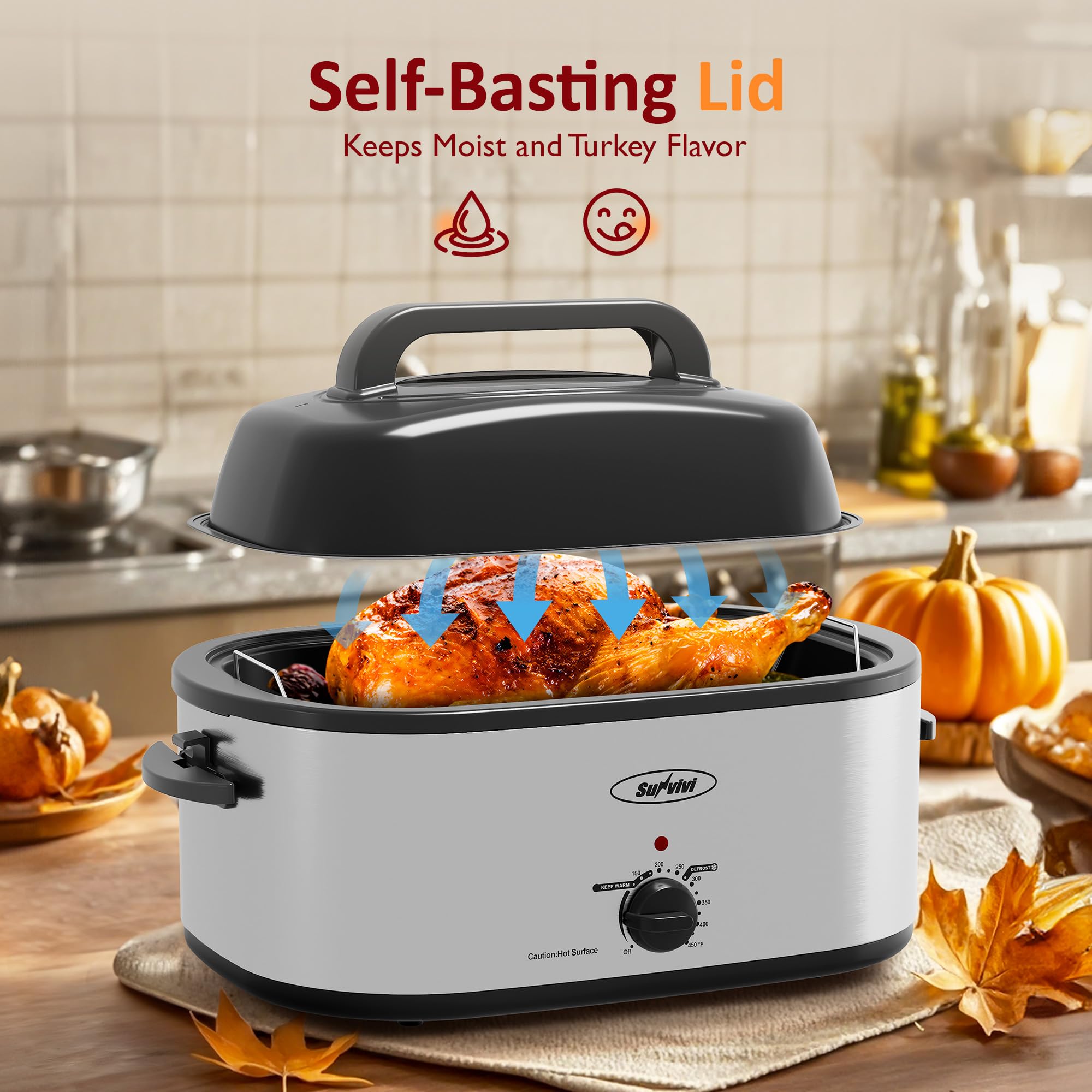 Sunvivi Roaster Oven, 24 Quart Electric Roaster Oven with Glass Lid, Turkey Roaster Buffet with Self-Basting Lid, Removable Pan, Cool-Touch Handles, Dark Blue