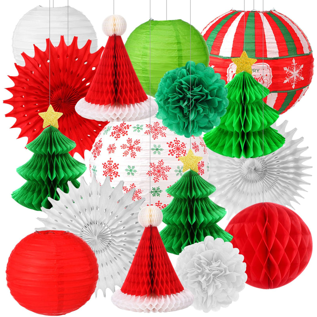 Gilprop 17 Pcs Christmas Party Hanging Decorations Xmas Paper Lanterns Paper Winter Hanging Fans Christmas Honeycombs Paper Flower Balls for Xmas Holiday Party Yard Indoor Outdoor Home Decor Supplies