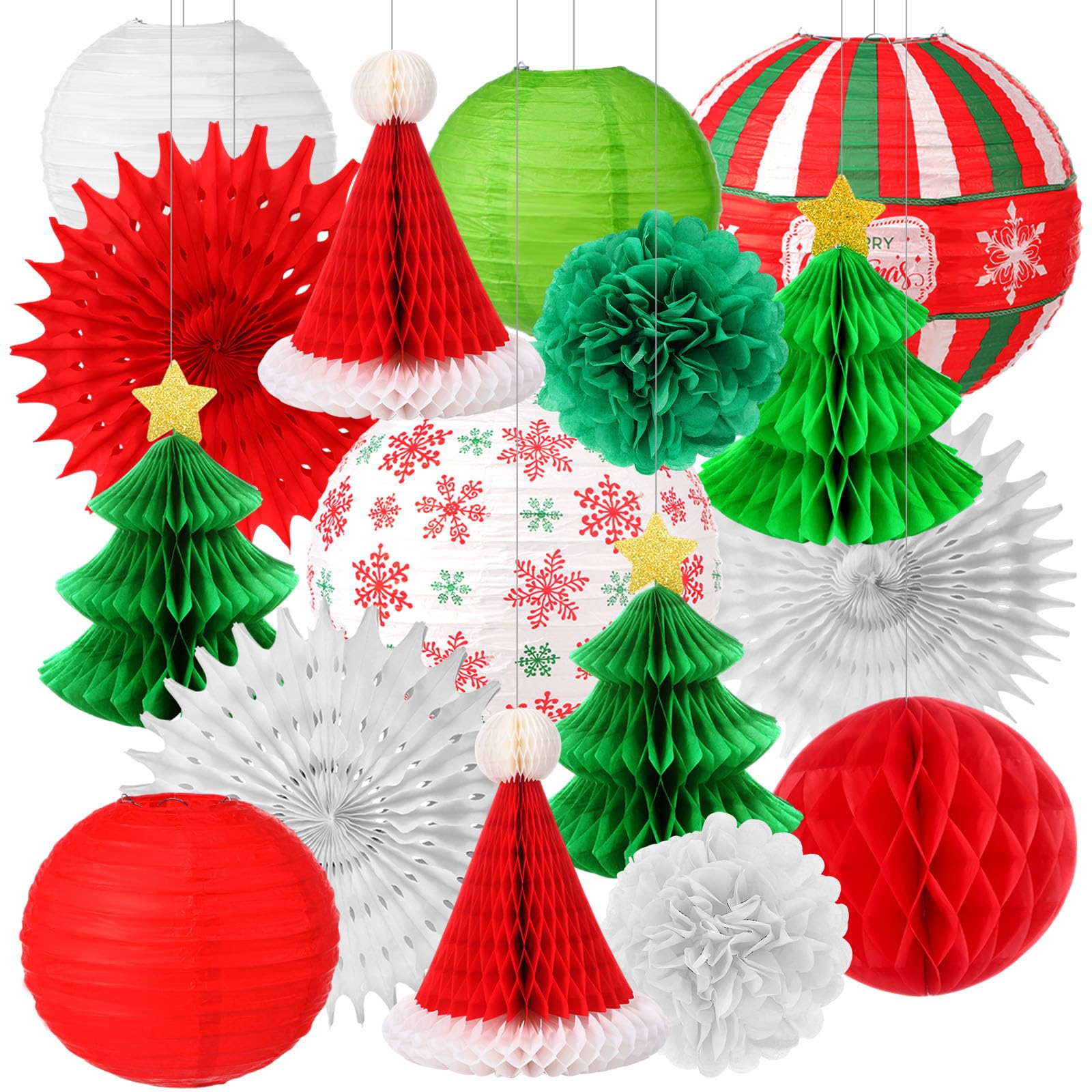 Gilprop 17 Pcs Christmas Party Hanging Decorations Xmas Paper Lanterns Paper Winter Hanging Fans Christmas Honeycombs Paper Flower Balls for Xmas Holiday Party Yard Indoor Outdoor Home Decor Supplies