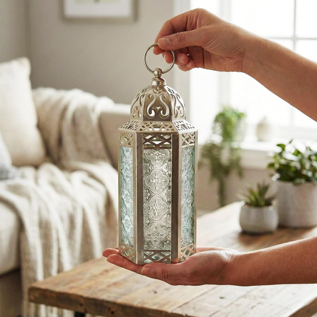 VELA Lanterns 10.5" White Gold Moroccan Candle Lantern - Elegant Decorative Holder for Indoor/Outdoor Use