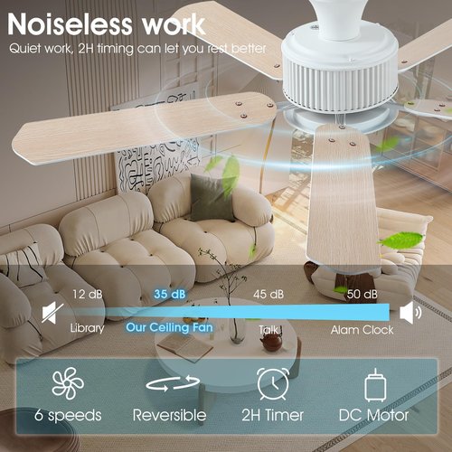 Surtime 52" Ceiling Fans with Lights-Low Profile Ceiling Fan with Light and APP&Remote Control,Flush Mount Ceiling Fan for Indoor/Outdoor,3 Colors Dimmable,5 Reversible Double-Sided Blades（White）