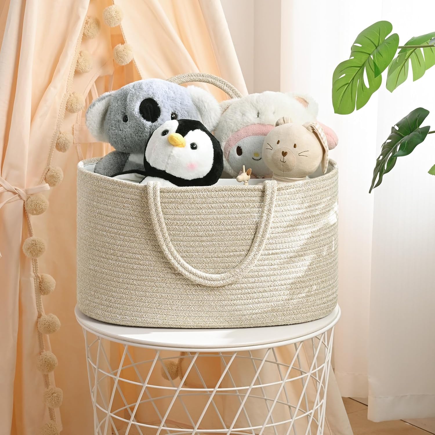 Skiennix Baby Diaper Caddy Organizer - 19L Cotton Rope Storage Basket with Removable Divider | Ideal for Nursery & Car
