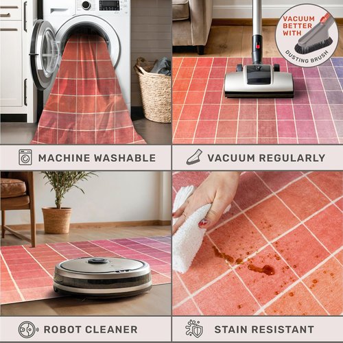**Regine Switzerland Mid Century Modern Ombre Pink Checkered Rug - Washable 2x3 Small Area Rug for Entryway & Kitchen**