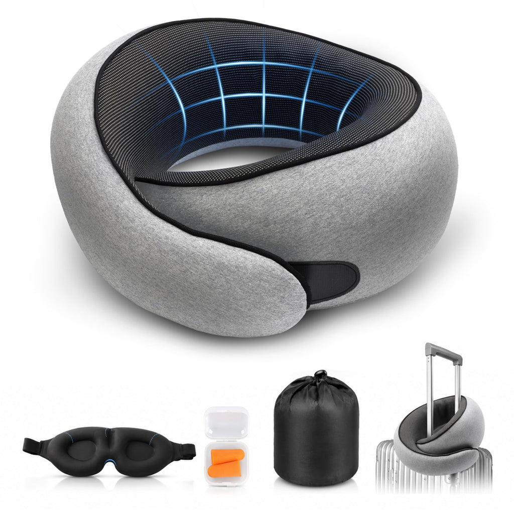 Purroch G-Shape Memory Foam Travel Neck Pillow - 100% Pure Foam Ergonomic Support with Eye Mask & Ear Plugs for Airplane Flights, Car Trips & Office Naps, Beige Gray