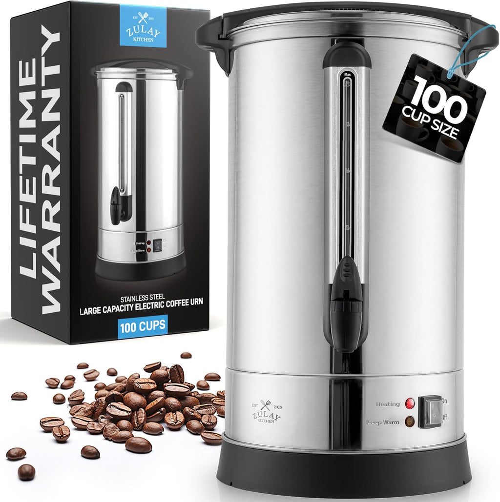 Zulay 100 Cup Coffee Maker - Commercial Grade Double-Wall Stainless Steel Urn for Quick Brewing | Silver
