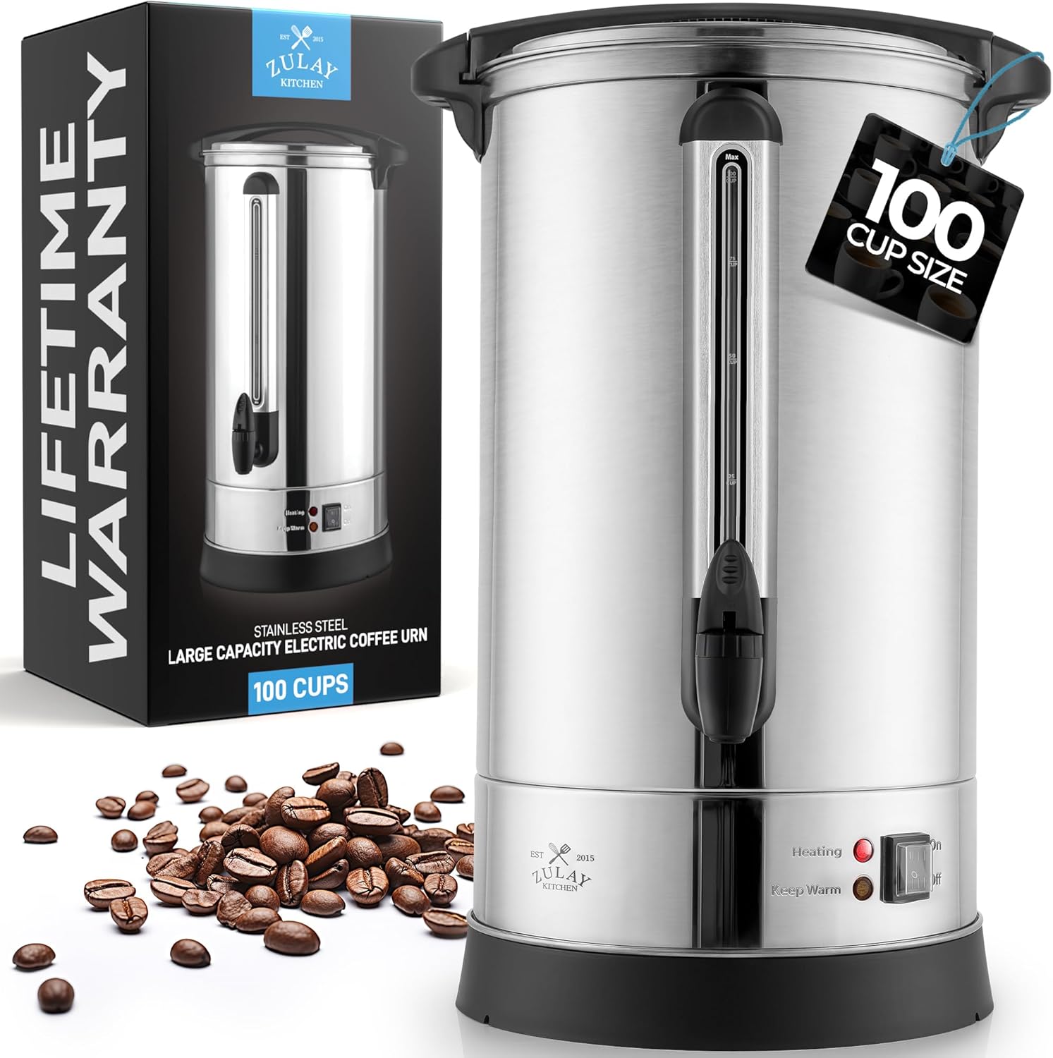 Zulay 100 Cup Coffee Maker - Commercial Grade Double-Wall Stainless Steel Urn for Quick Brewing | Silver