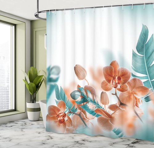 Ambesonne Tropical Shower Curtain Tropical Style Bathroom Decor Orchids Blossom Leaves on Blurred Background Floral Themed Modern Art Fabric for Bath Decor Set with Hooks 69" W x 70" L, Orange Teal