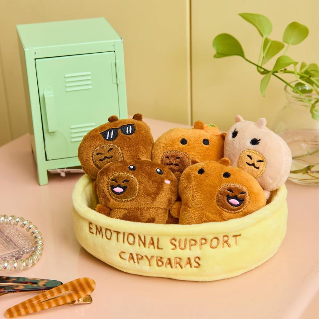 Relatable Emotional Support Capybaras | Cuddly Plush Stuffed Animals Set - 5 Toys with Basket for Mom