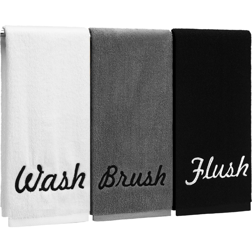 Peryiter 3 Pcs Farmhouse Decorative Hand Towels for Bathroom Kitchen 13.8" x 29.5" Rustic Embroidered 100% Cotton Bath Towels Set for Boho Bathroom Decor Gifts(Brush Wash Flush)