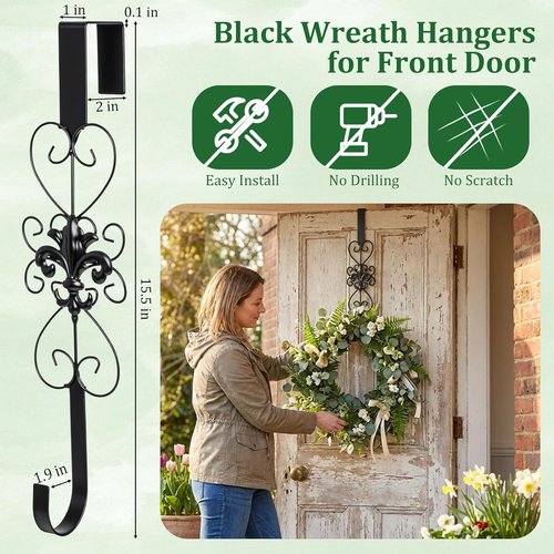 Heavy Duty Metal Wreath Hanger by [Brand Name] - Elegant 15.5 Inch Design for Indoor/Outdoor Decor | Black