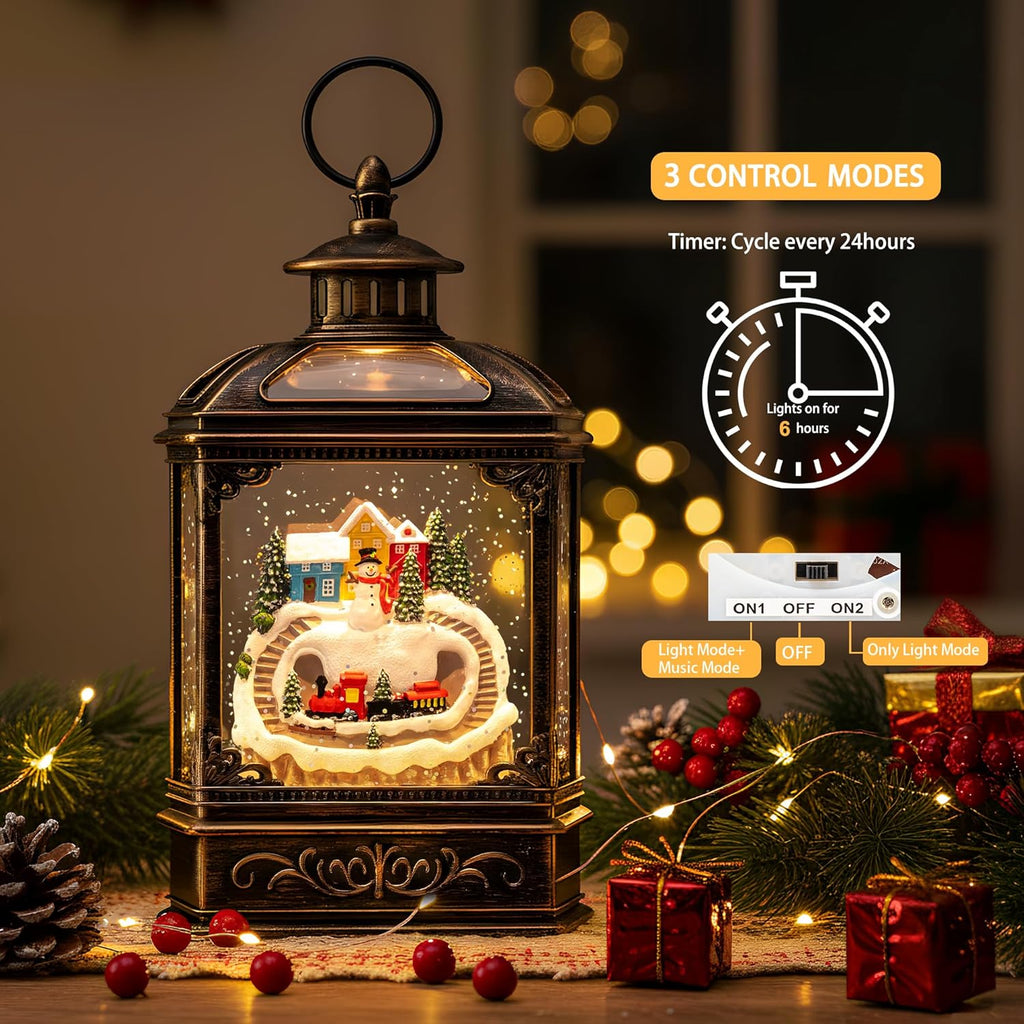 VISFLAIR Christmas Village Snow Globe Lantern - Musical Lighted Snowman & Train | Battery Operated or USB Powered