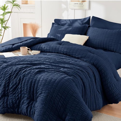 HYMOKEGE Navy Blue Twin Comforter Set - 5-Piece All-Season Luxury Bedding Set with Sheets & Pillowcase