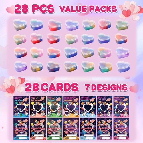 28 Pack Valentines Day Cards for Kids School - Galaxy Slime Stress Relief Fidget Toys, Perfect Classroom Exchange Gifts & School Party Favors, Kids Valentines Day Gifts for School Classroom