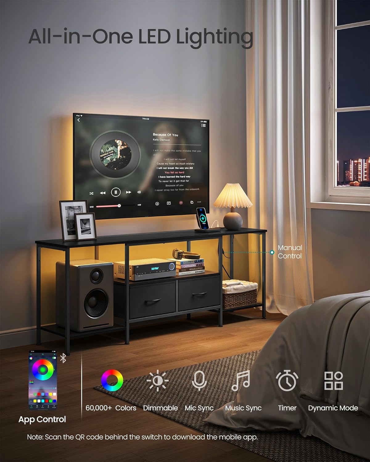 SONGMICS TV Stand - Modern Entertainment Center with Power Outlets & Lights for TVs Up to 70 Inches | Ink Black