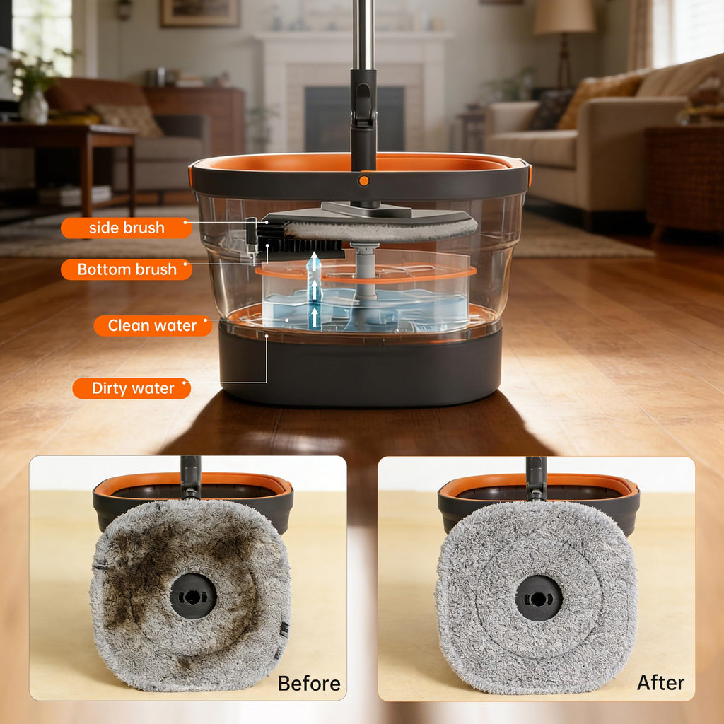 Collapsible Mop and Bucket Set, Spin Mop with Separate Dirty and Clean Water, 6 Replaceable Mopping Pads with Foldable Handle, Deep Cleaning Mops and Buckets for Household Use Floor Cleaning