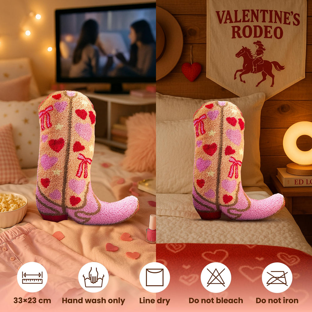 Cowgirl Boot Pillow for Pink & Preppy Aesthetic Room Decor - Textured Rodeo-Inspired Cowgirl Pillow with 3D Embroidered Pink & Red Hearts & Bows Design - Western Throw Pillows for Boho Decor