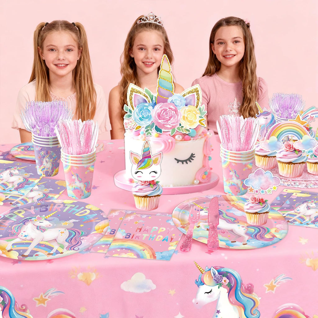 NKPDAXM Unicorn Birthday Decorations - Plates, Napkins, Cups, Cutlery, Hanging Swirls, Banner, Honeycomb Centerpiece, Balloons, Tablecloths for Rainbow Girls Birthday Party Decorations, Serves 24