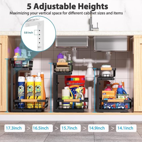 Liuoud Under Sink Organizer - 2-Tier Adjustable Pull-Out Cabinet Storage | Large Capacity Metal Rack, Black