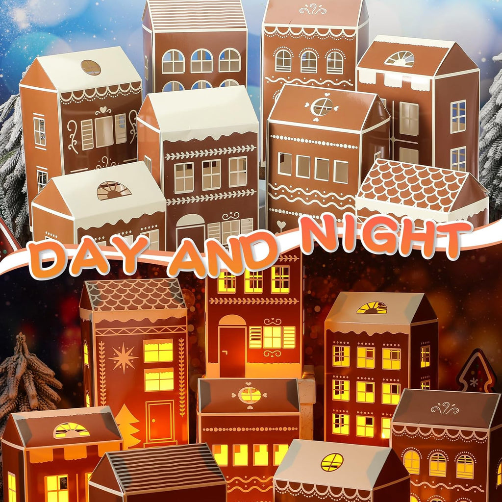 Reallnaive 20 Pcs Large 8" Christmas Cardboard Village Houses Set - DIY LED Candle Decor for Home & Party (Gingerbread, Brown)